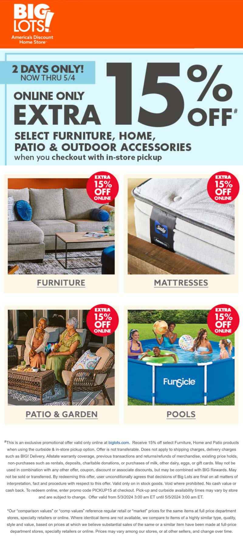 Big Lots stores Coupon  Extra 15% off via in-store pickup at Big Lots via promo code PICKUP15 #biglots 