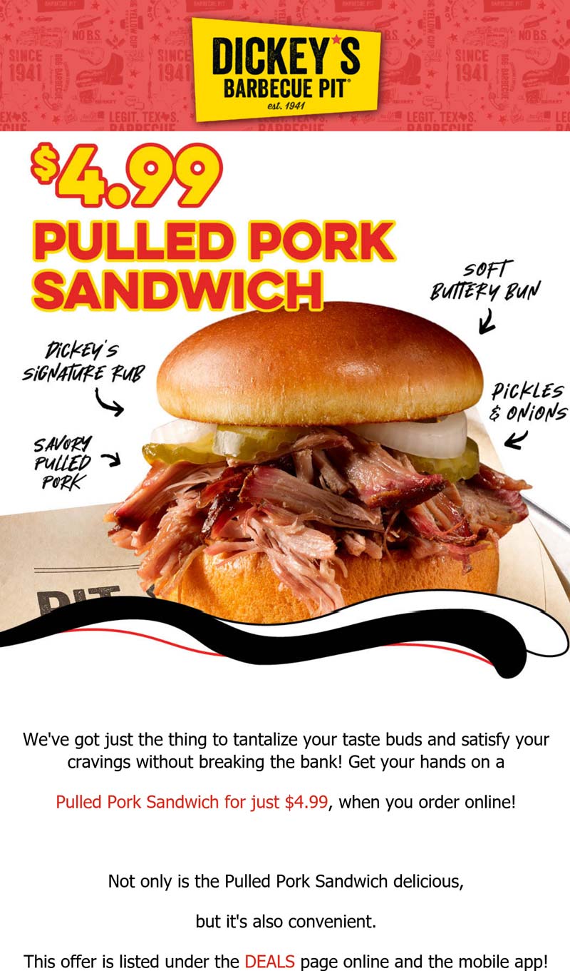 Dickeys Barbecue Pit restaurants Coupon  $5 pulled pork sandwich today at Dickeys Barbecue Pit #dickeysbarbecuepit 