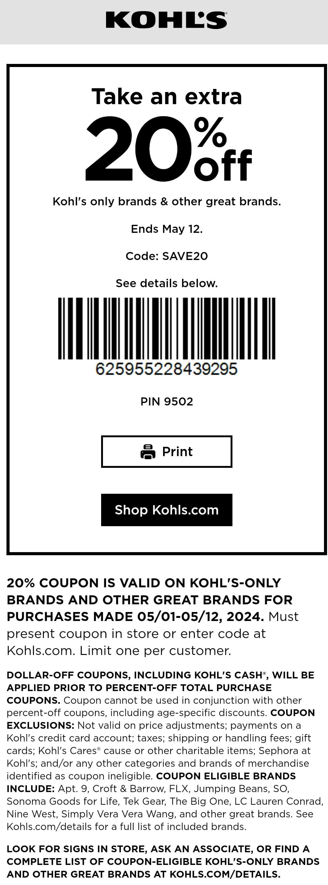 Kohls stores Coupon  20% off at Kohls, or online via promo code SAVE20 #kohls 