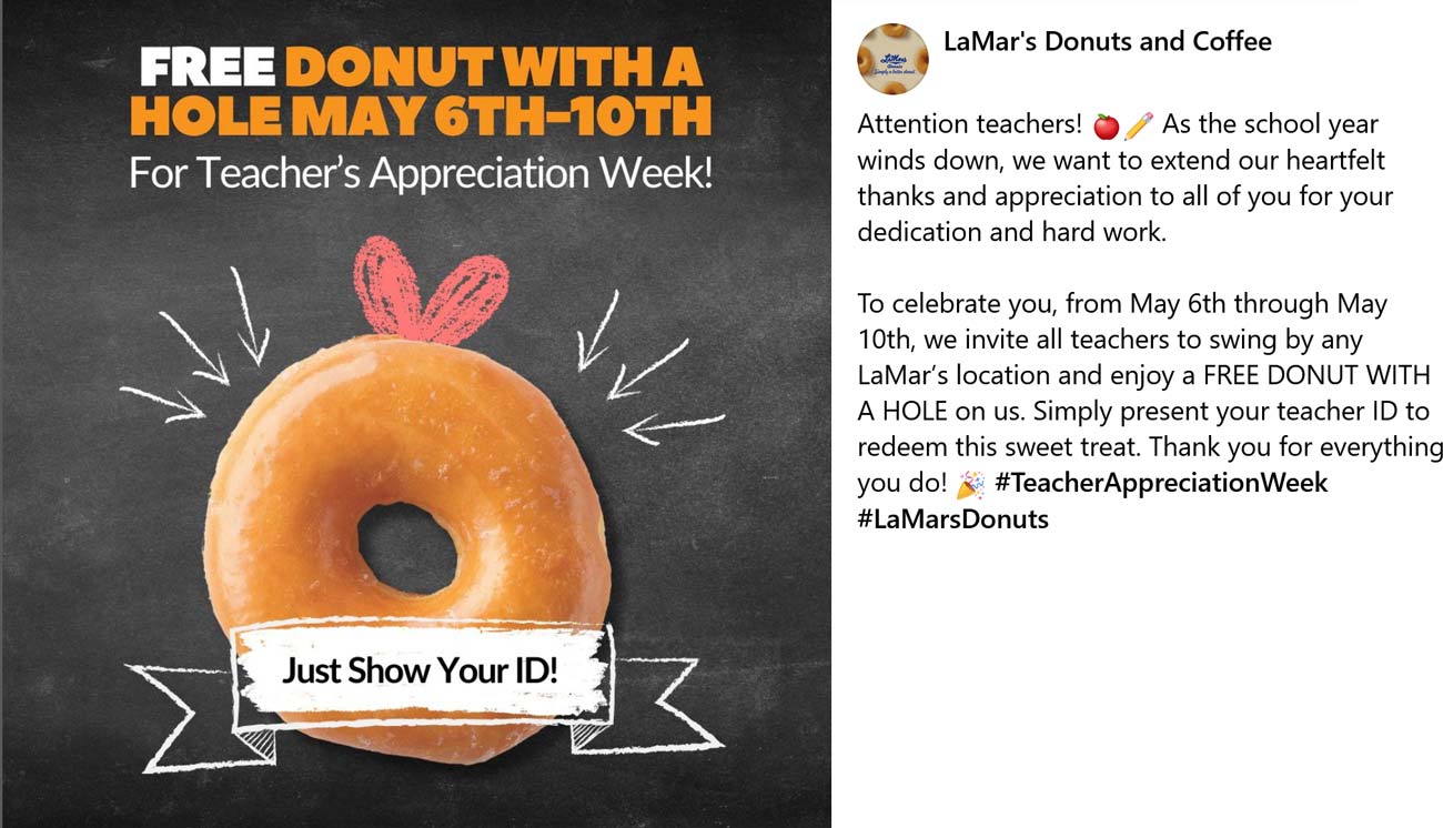 LaMars Donuts restaurants Coupon  Teachers enjoy a free doughnut all week at LaMars Donuts and Coffee #lamarsdonuts 