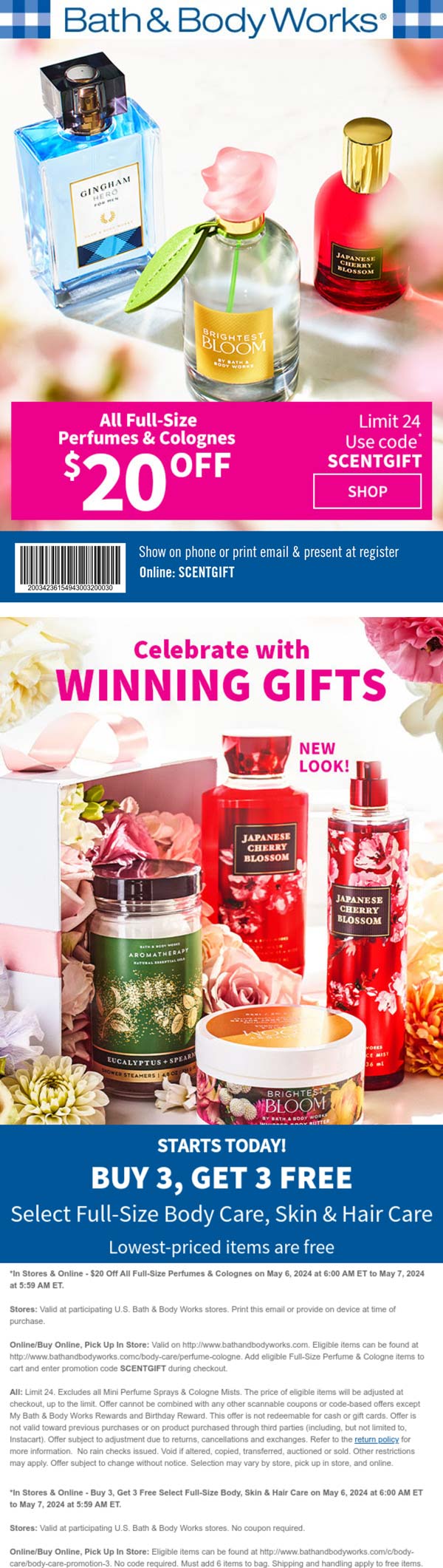 Bath & Body Works stores Coupon  $20 off perfumes & more today at Bath & Body Works, or online via promo code SCENTGIFT #bathbodyworks 