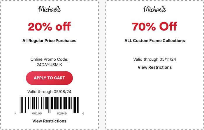 Michaels stores Coupon  20% off at Michaels, or online via promo code 24DAYUSMK #michaels 
