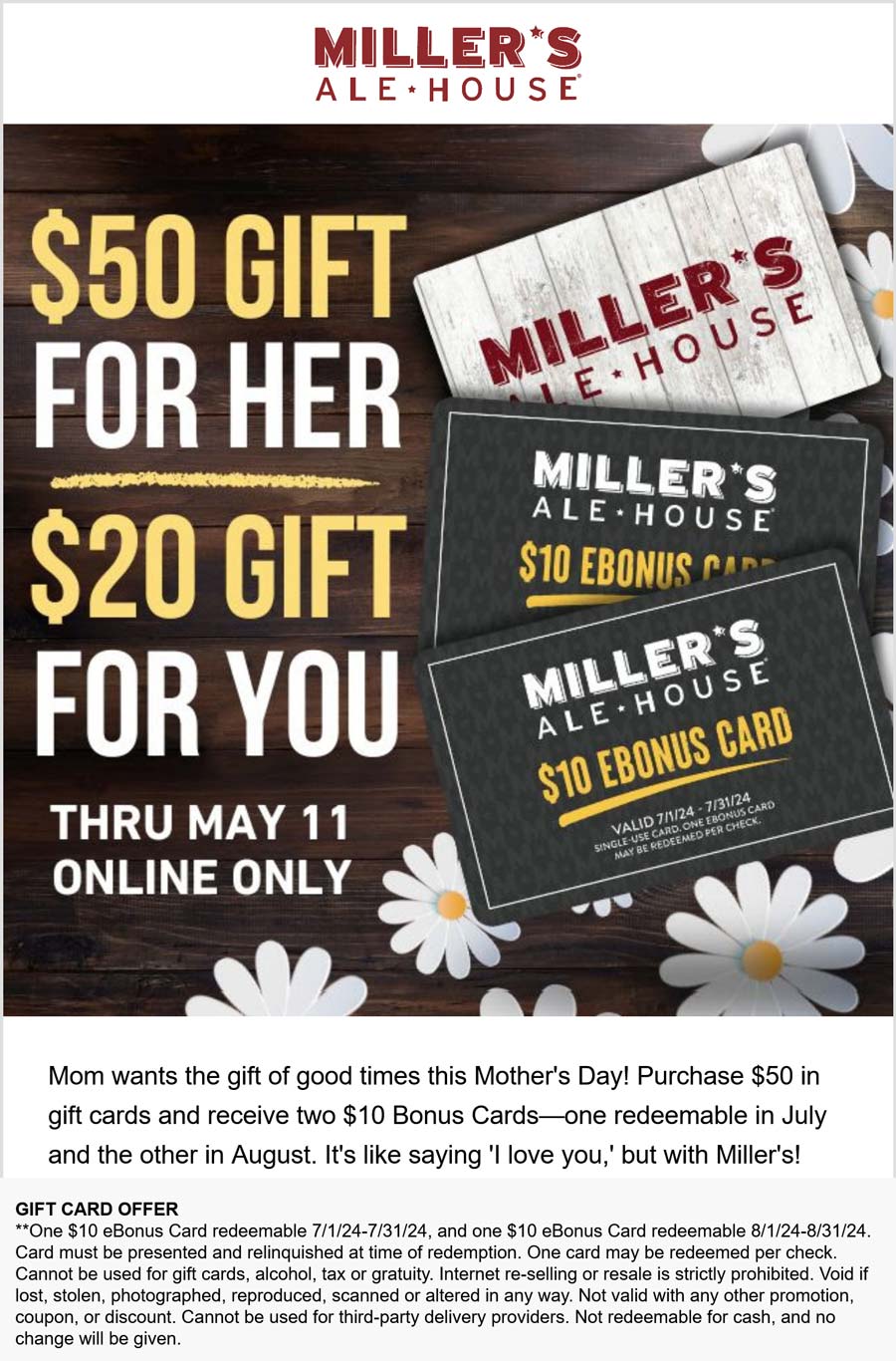 Millers Ale House restaurants Coupon  $20 card with your $50 gift card at Millers Ale House restaurants #millersalehouse 