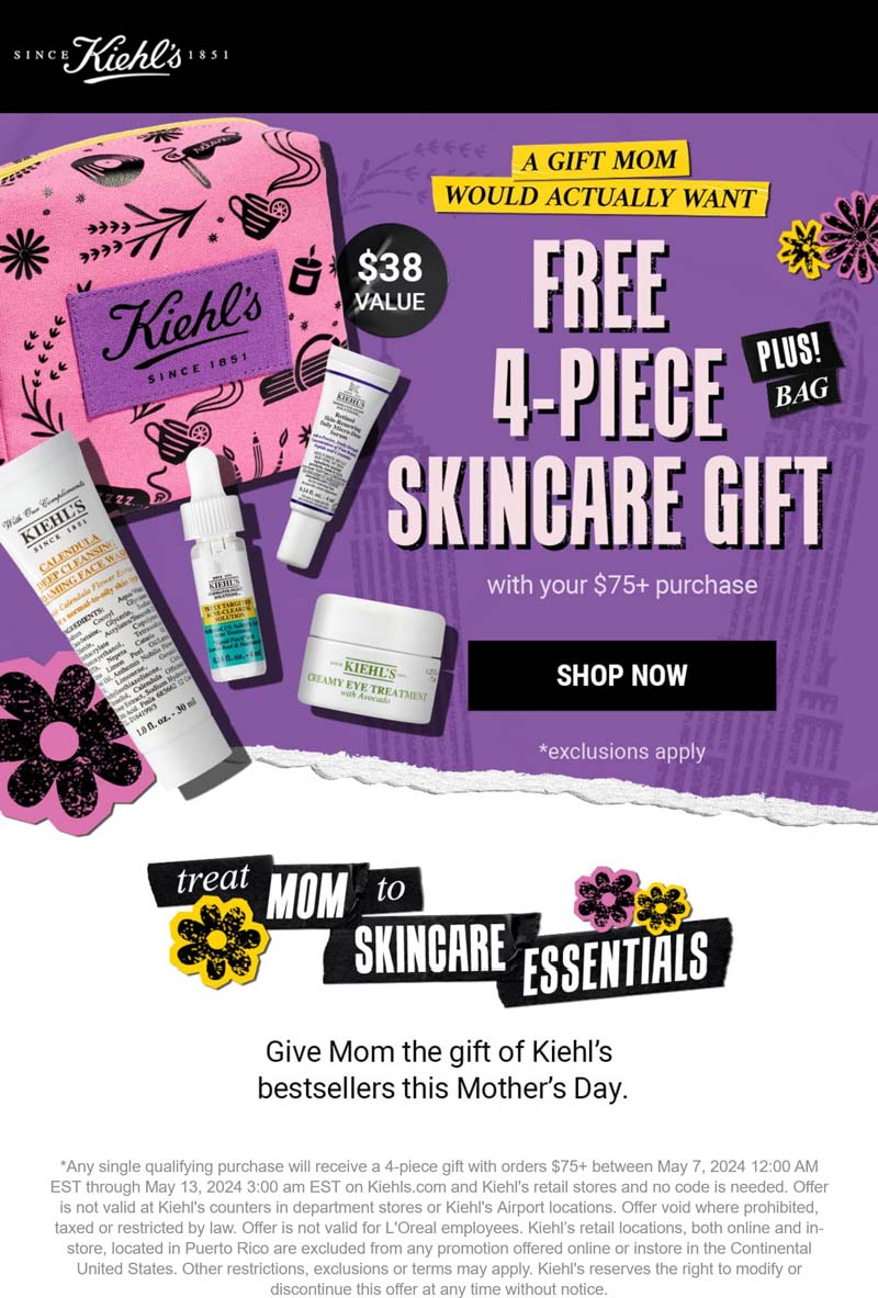 Kiehls stores Coupon  Free 4-pc set on $75 at Kiehls, ditto online #kiehls 