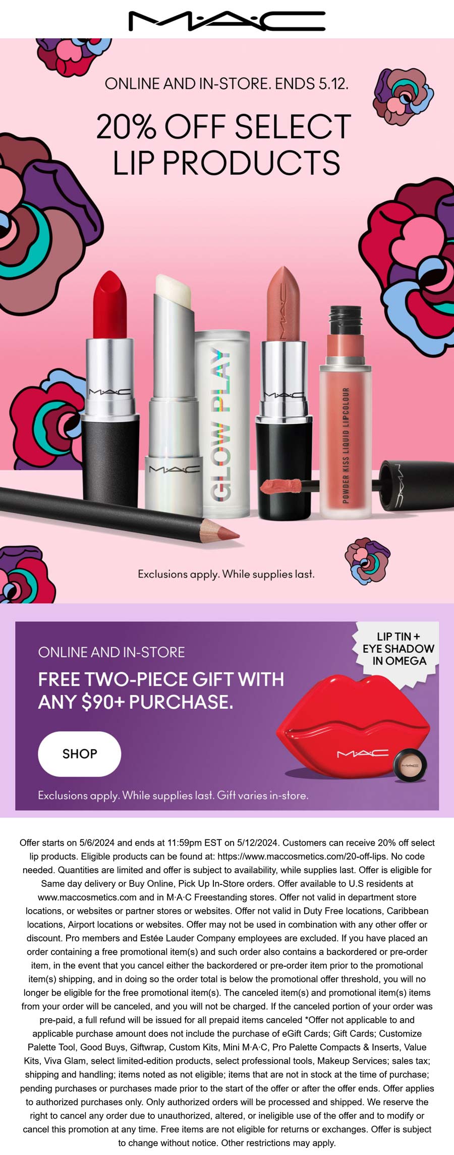 MAC stores Coupon  Free 2pc gift on $90 + 20% off lip products at MAC, ditto online #mac 