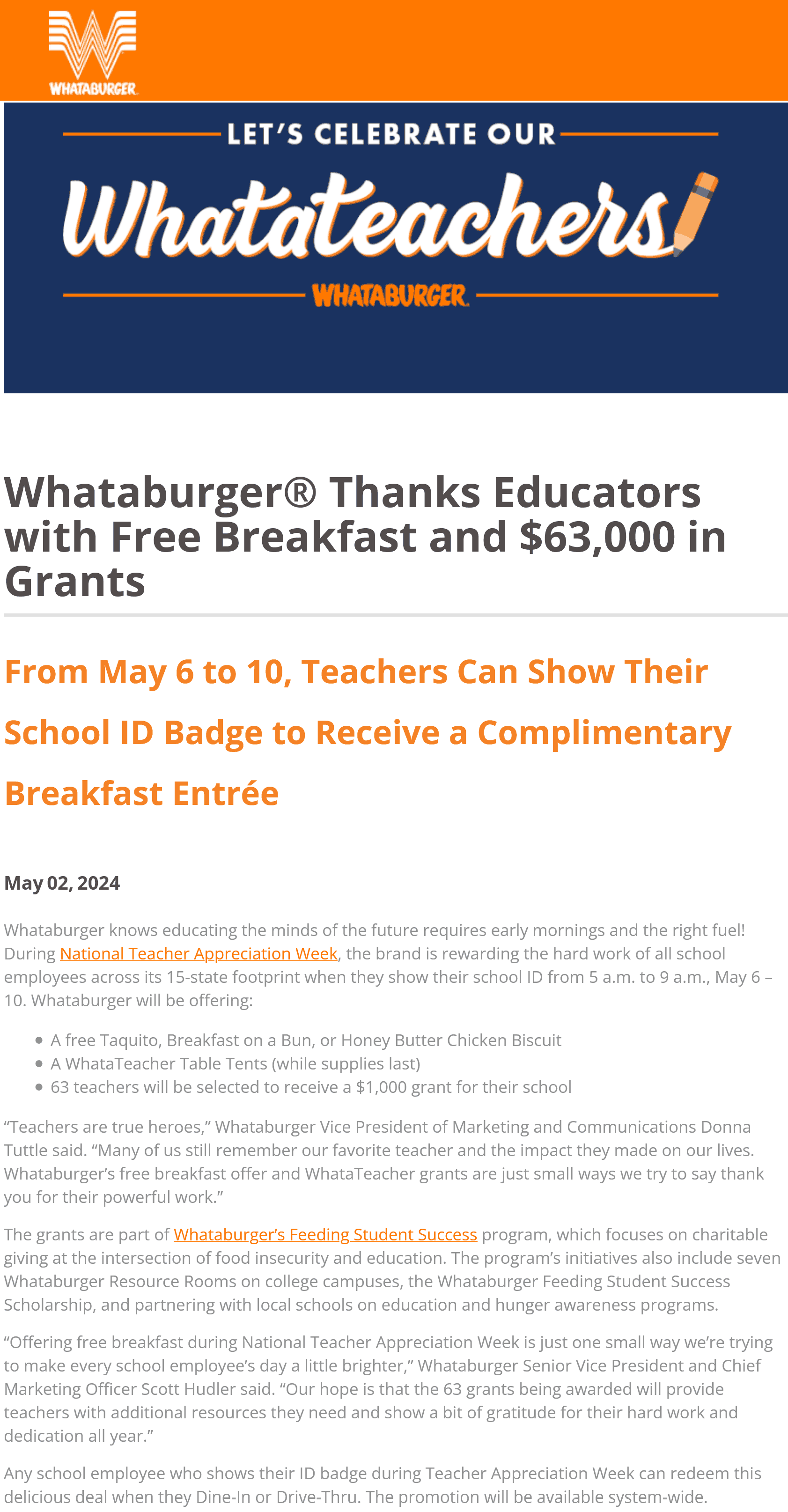 Whataburger restaurants Coupon  Free breakfast entree items for teachers at Whataburger #whataburger 