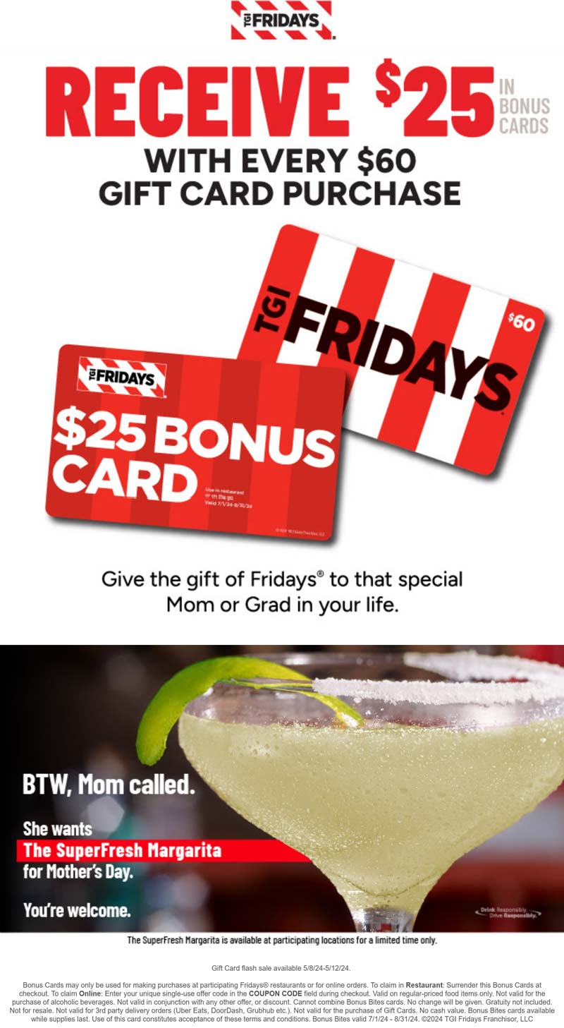 TGI Fridays restaurants Coupon  $25 gift card free on every $60 cards purchase at TGI Fridays restaurants #tgifridays 