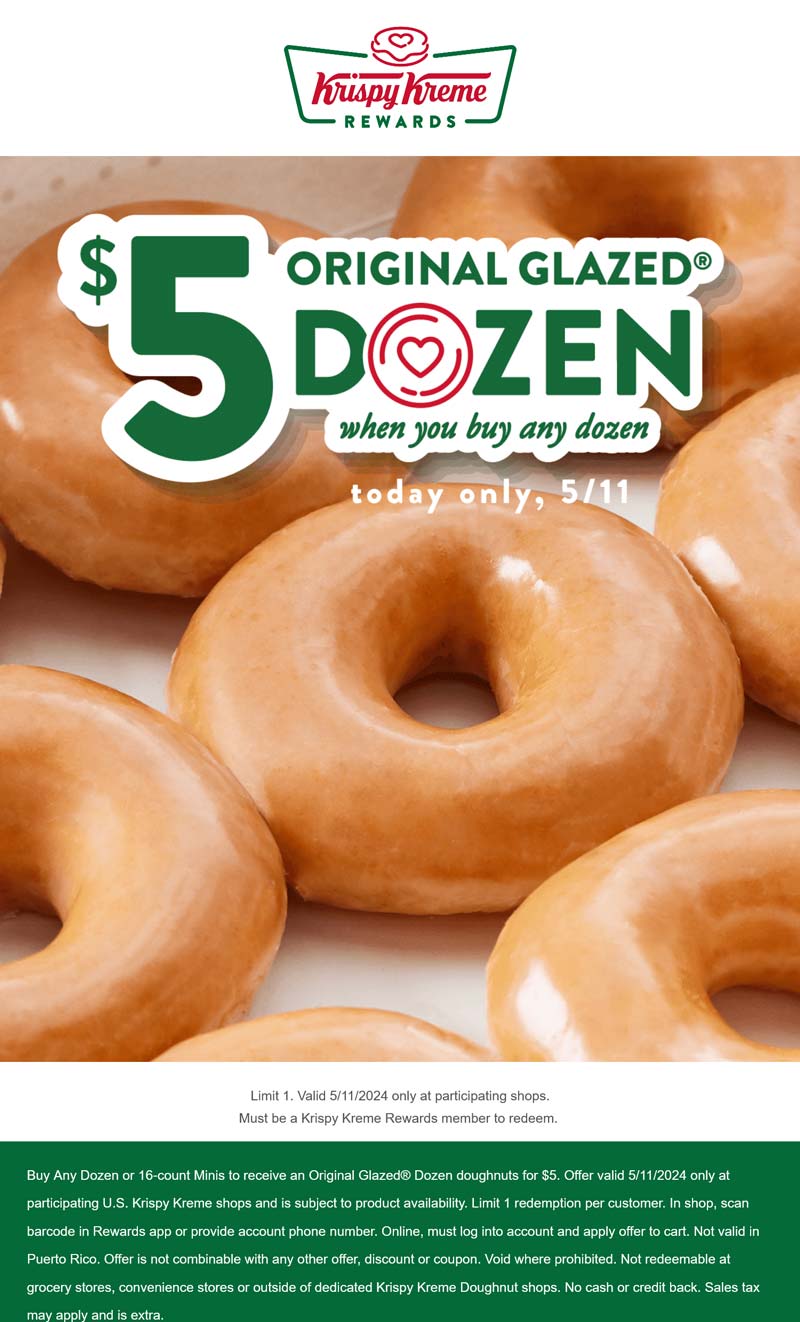 Krispy Kreme restaurants Coupon  Second glazed dozen $5 today via login at Krispy Kreme doughnuts #krispykreme 
