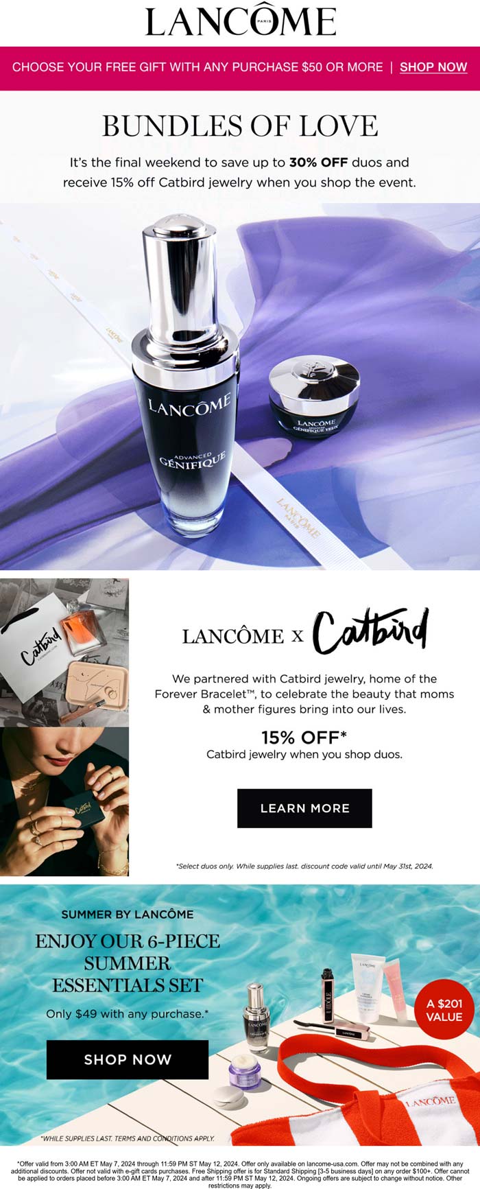 Lancome stores Coupon  Free 6pc on $49 + 30% off duos at Lancome #lancome 