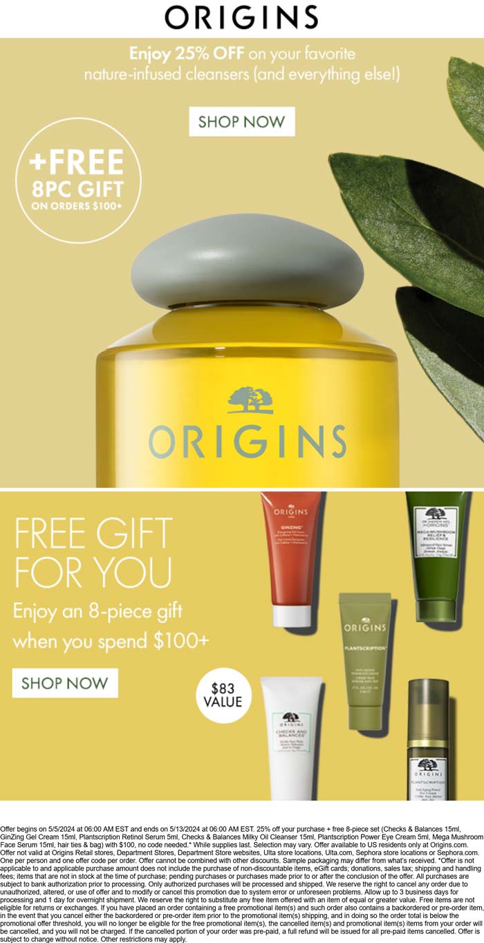 Origins stores Coupon  25% off your purchase + free 8-piece set on $100 at Origins #origins 