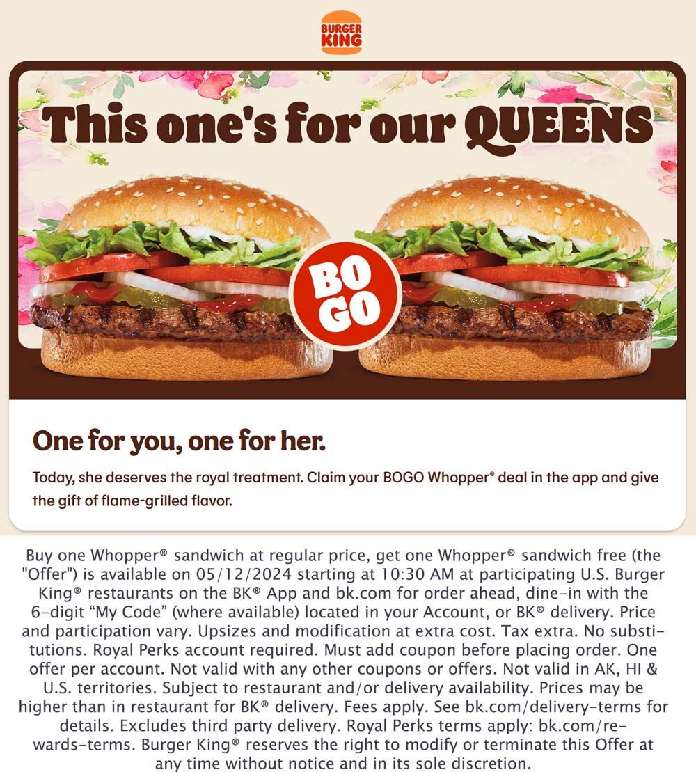 Burger King restaurants Coupon  Second whopper free today at Burger King restaurants #burgerking 