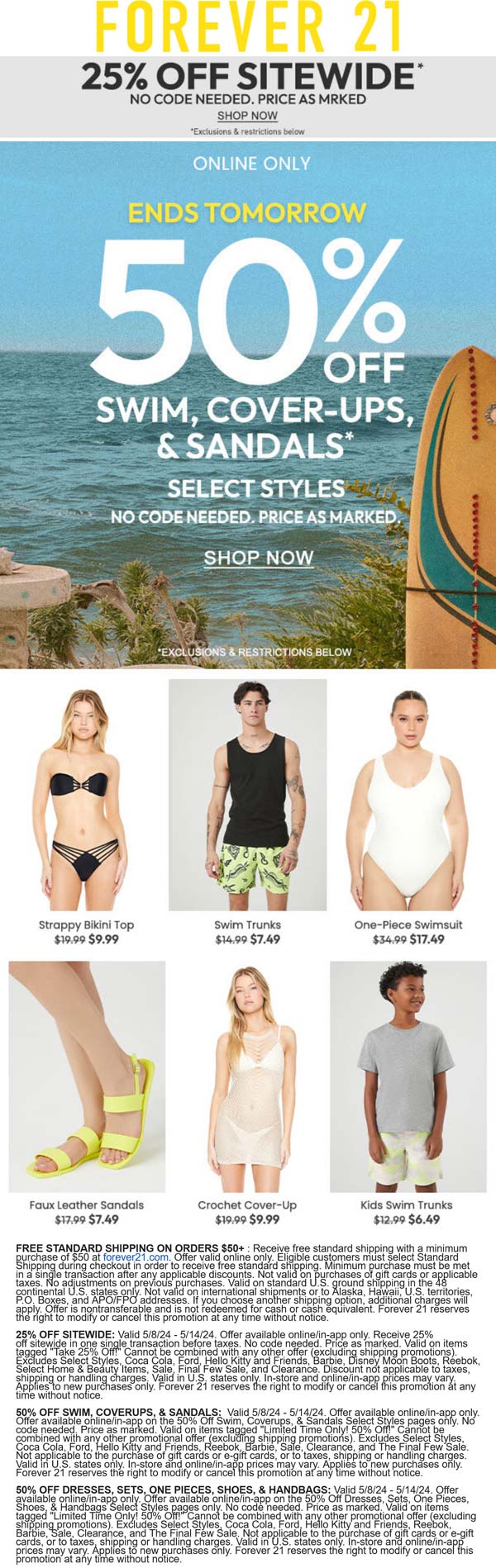 Forever 21 stores Coupon  50% off swim & more online at Forever 21 #forever21 