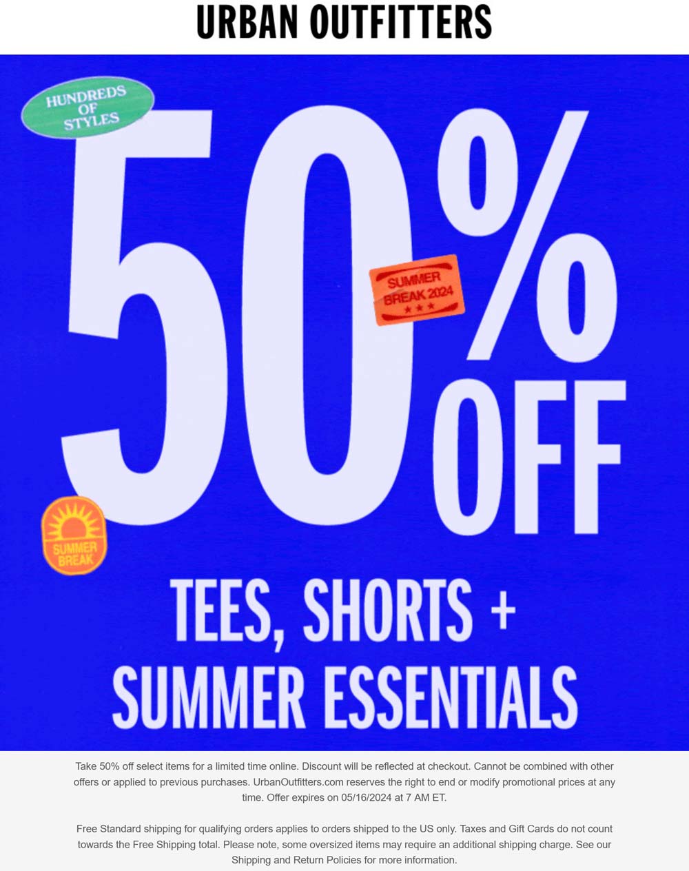 Urban Outfitters stores Coupon  50% off tees, shorts & summer essentials online at Urban Outfitters #urbanoutfitters 