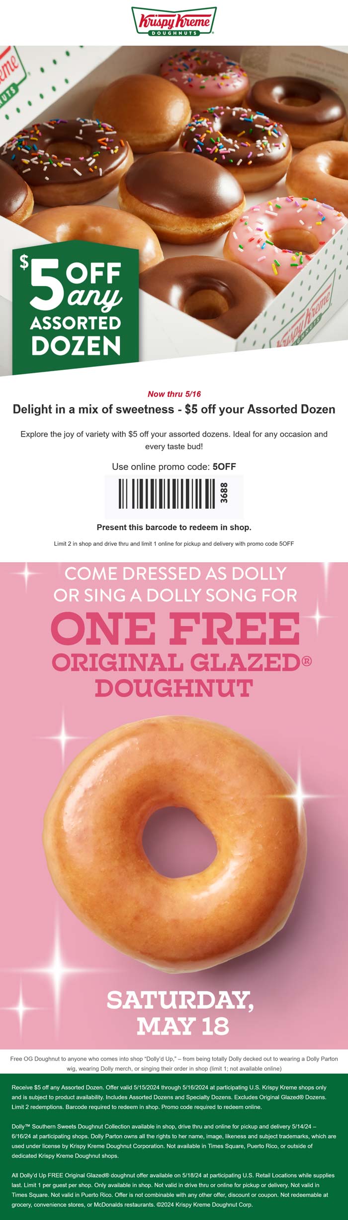 Krispy Kreme restaurants Coupon  $5 off assorted dozen + free doughnut for Dolly fans Saturday at Krispy Kreme #krispykreme 