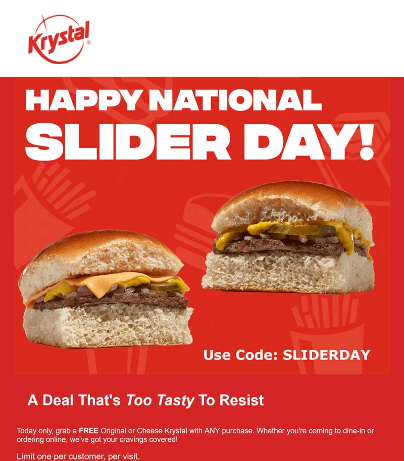 Krystal restaurants Coupon  Free slider cheeseburger today at Krystal restaurants via promo code SLIDERDAY #krystal 