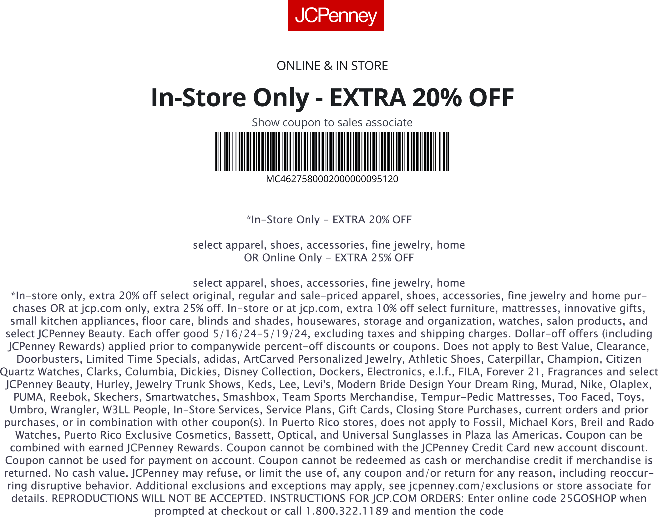 JCPenney stores Coupon  Extra 20% off at JCPenney, or online via promo code 25GOSHOP #jcpenney 