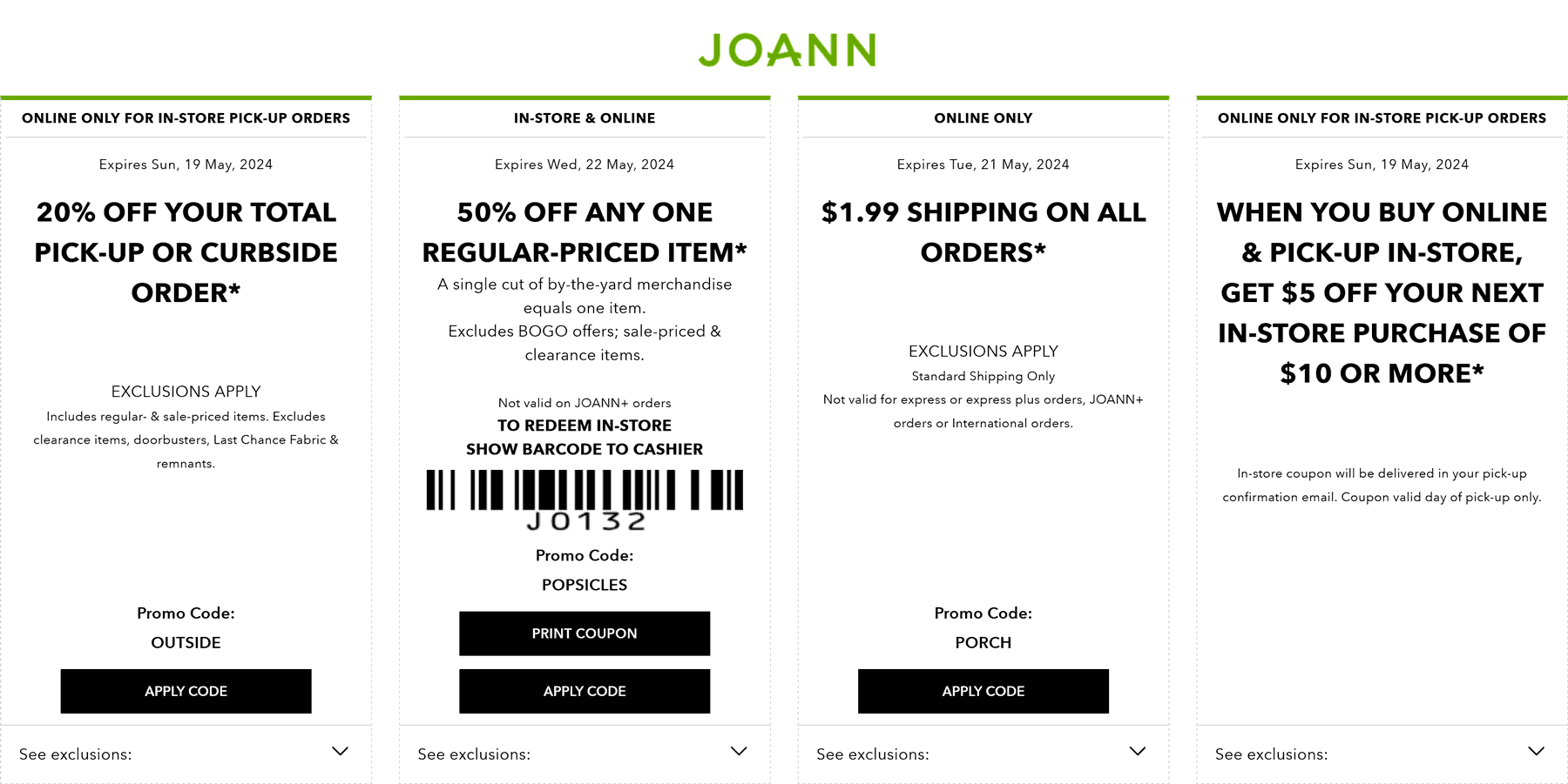 Joann stores Coupon  50% off a single item at Joann, or online via promo code POPSICLES #joann 
