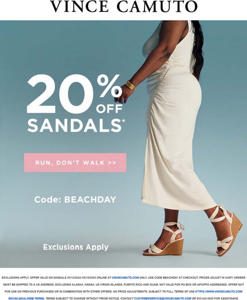 Vince Camuto stores Coupon  20% off sandals at Vince Camuto via promo code BEACHDAY #vincecamuto 
