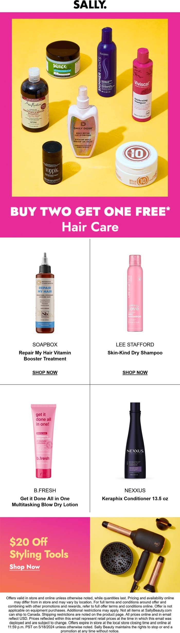 Sally stores Coupon  3rd hair care item free & $20 off styling tools today at Sally beauty #sally 