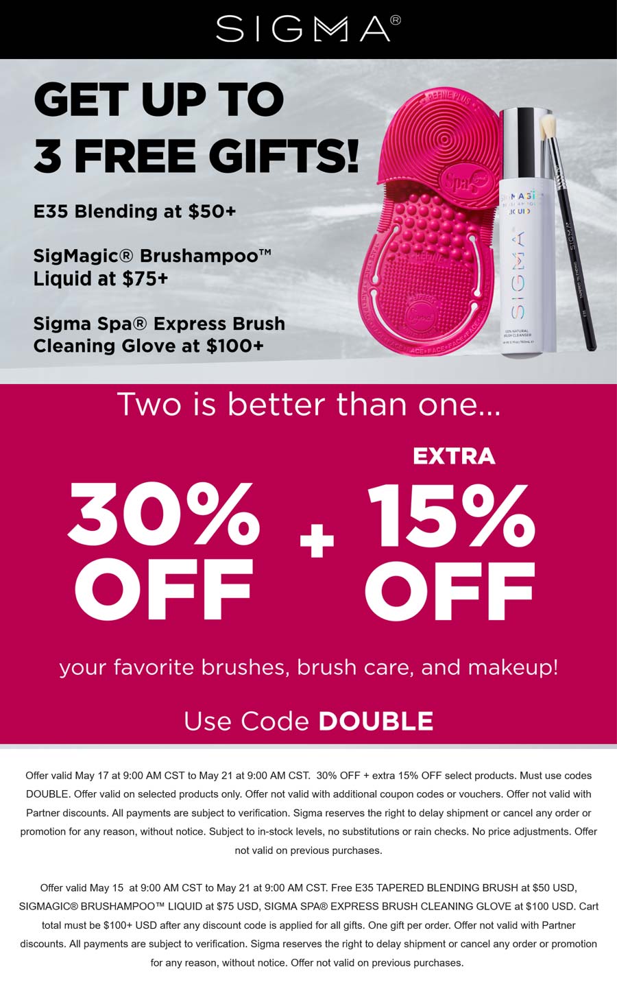 Sigma stores Coupon  45% off brush & makeup favorites + free gifts on $50+ at Sigma via promo code DOUBLE #sigma 