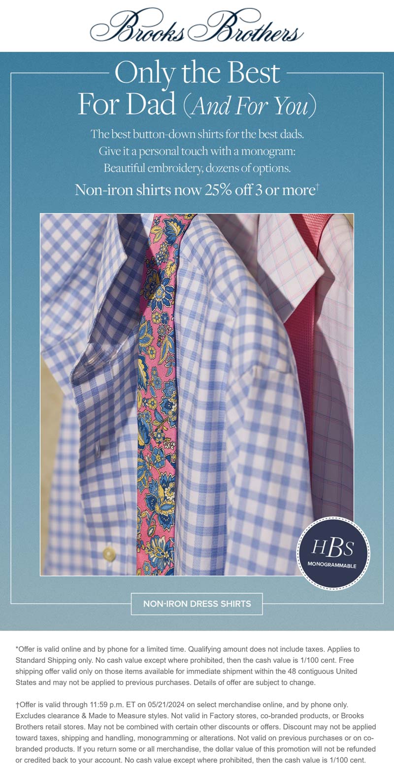 Brooks Brothers stores Coupon  25% off 3+ non-iron shirts at Brooks Brothers #brooksbrothers 