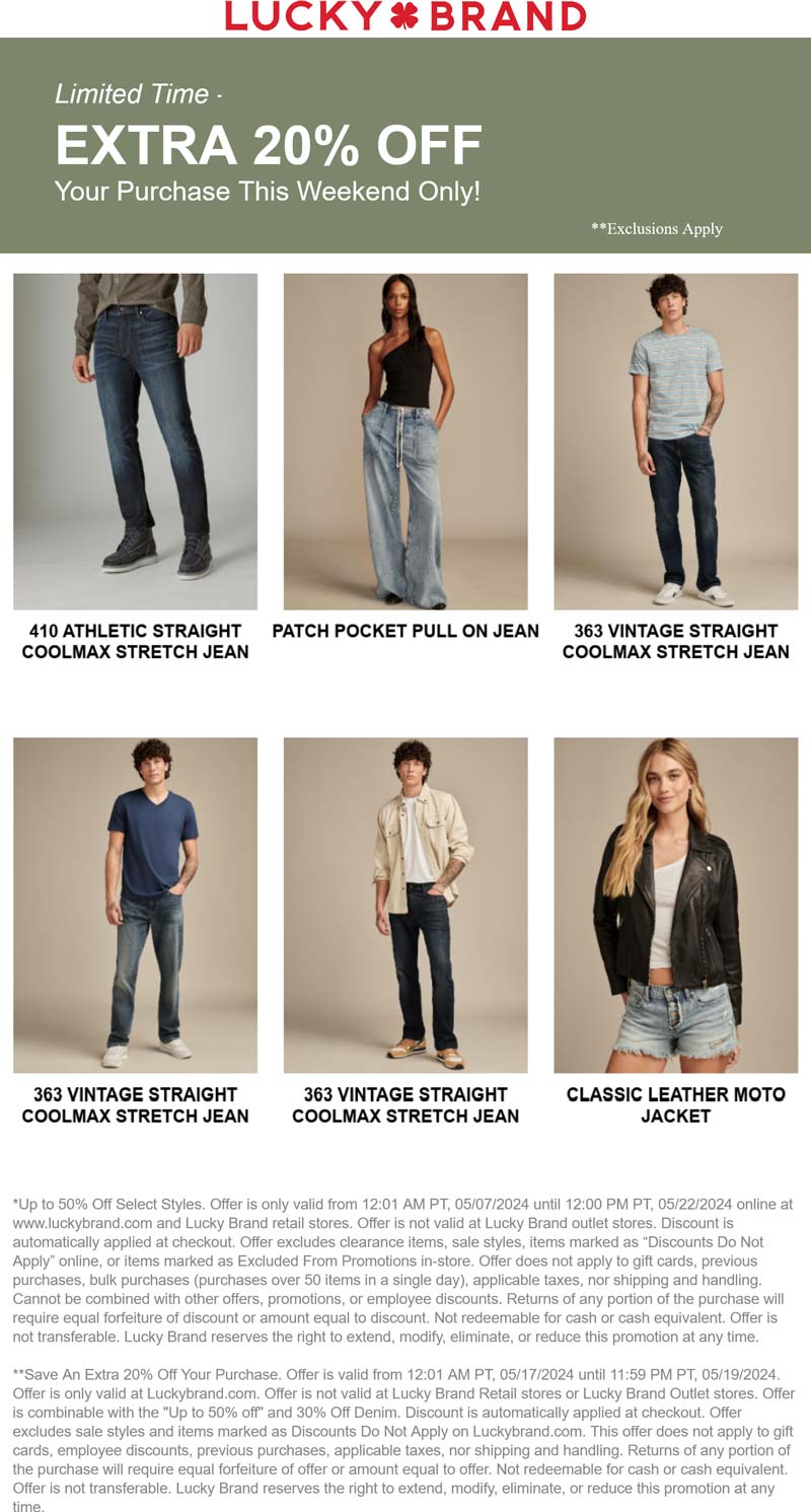 Lucky Brand stores Coupon  Extra 20% off online today at Lucky Brand #luckybrand 