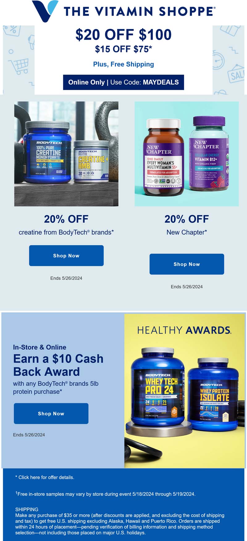 The Vitamin Shoppe stores Coupon  $15-$20 off $75+ online at The Vitamin Shoppe via promo code MAYDEALS #thevitaminshoppe 