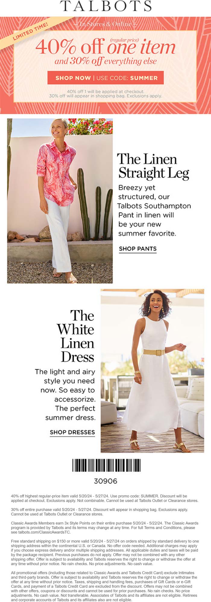 Talbots stores Coupon  40% off a single item & more at Talbots, or online via promo code SUMMER #talbots 