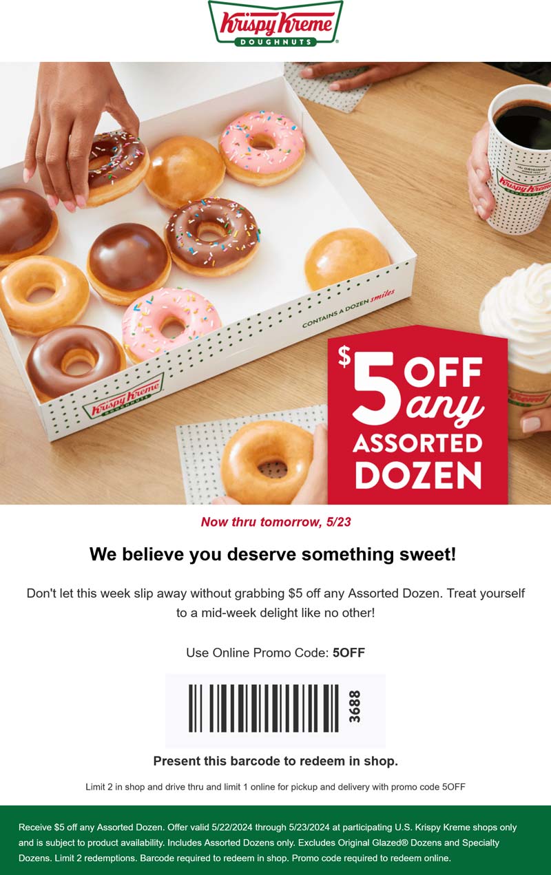 Krispy Kreme restaurants Coupon  $5 off an assorted dozen doughnuts at Krispy Kreme, or online via promo code 5OFF #krispykreme 