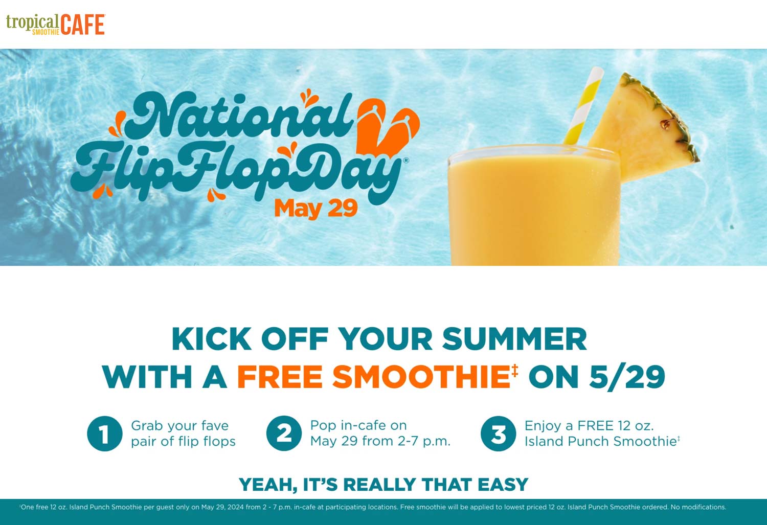 Tropical Smoothie Cafe restaurants Coupon  Free smoothie the 29th wearing flip flops at Tropical Smoothie Cafe #tropicalsmoothiecafe 