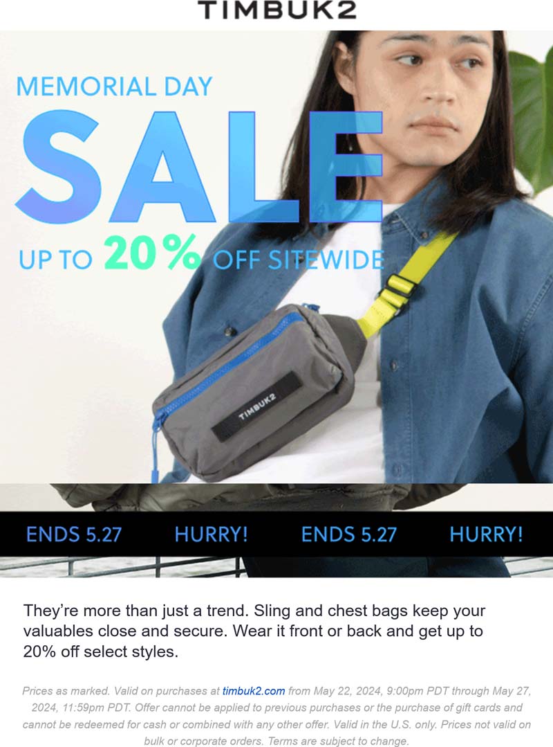 Timbuk2 stores Coupon  20% off slings & more online at Timbuk2 #timbuk2 