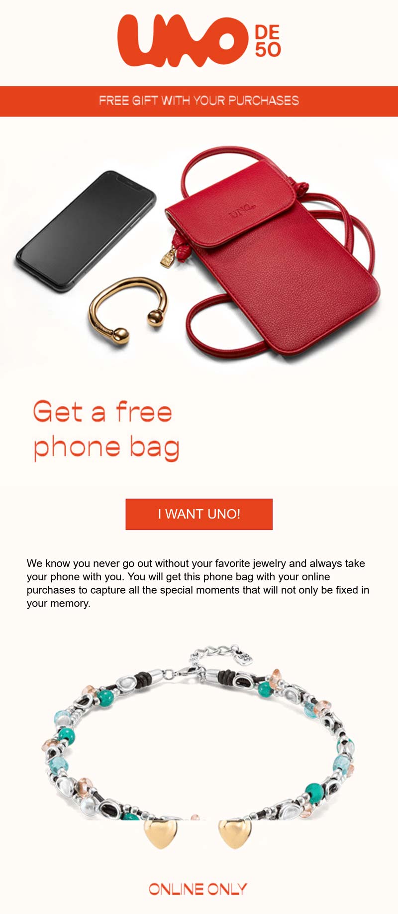 UNOde50 stores Coupon  Free phone bag with your online purchase at UNOde50 #unode50 