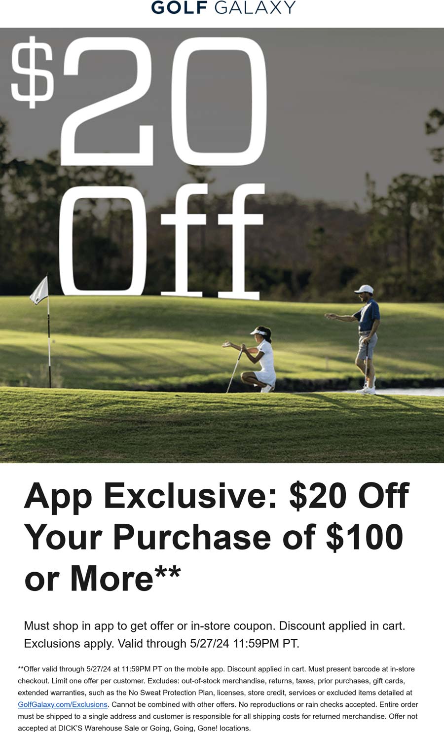 Golf Galaxy stores Coupon  $20 off $100 via mobile today at Golf Galaxy #golfgalaxy 