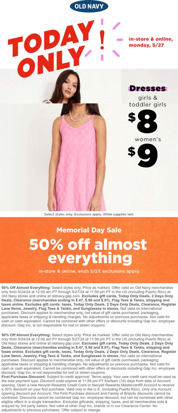 Old Navy stores Coupon  50% off everything today at Old Navy, ditto online #oldnavy 
