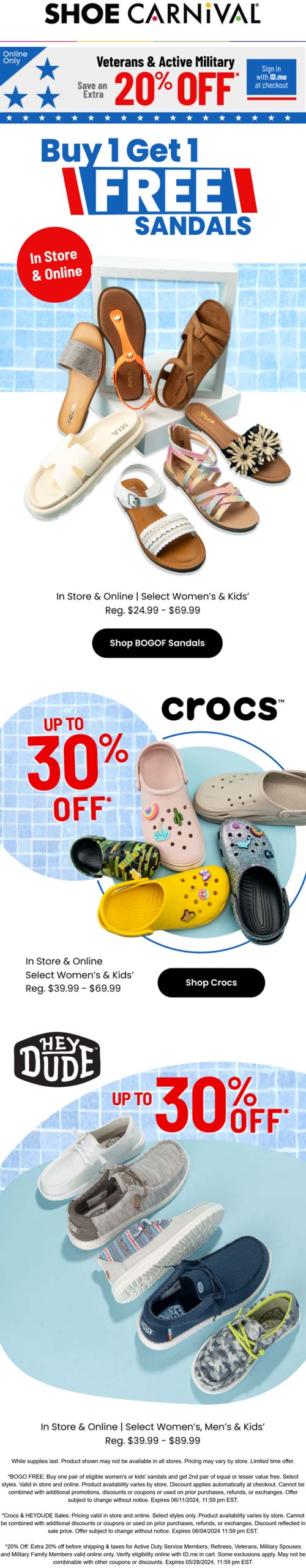 Shoe Carnival stores Coupon  Second sandals free + veterans & active enjoy another 20% off at Shoe Carnival #shoecarnival 