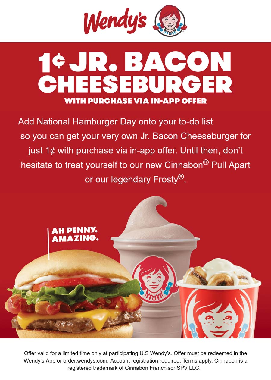 Wendys restaurants Coupon  1 cent jr bacon cheeseburger online today at Wendys #wendys 