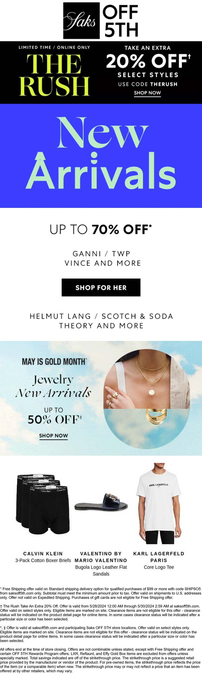 Saks OFF 5TH stores Coupon  20% off online at Saks OFF 5TH via promo code THERUSH #saksoff5th 
