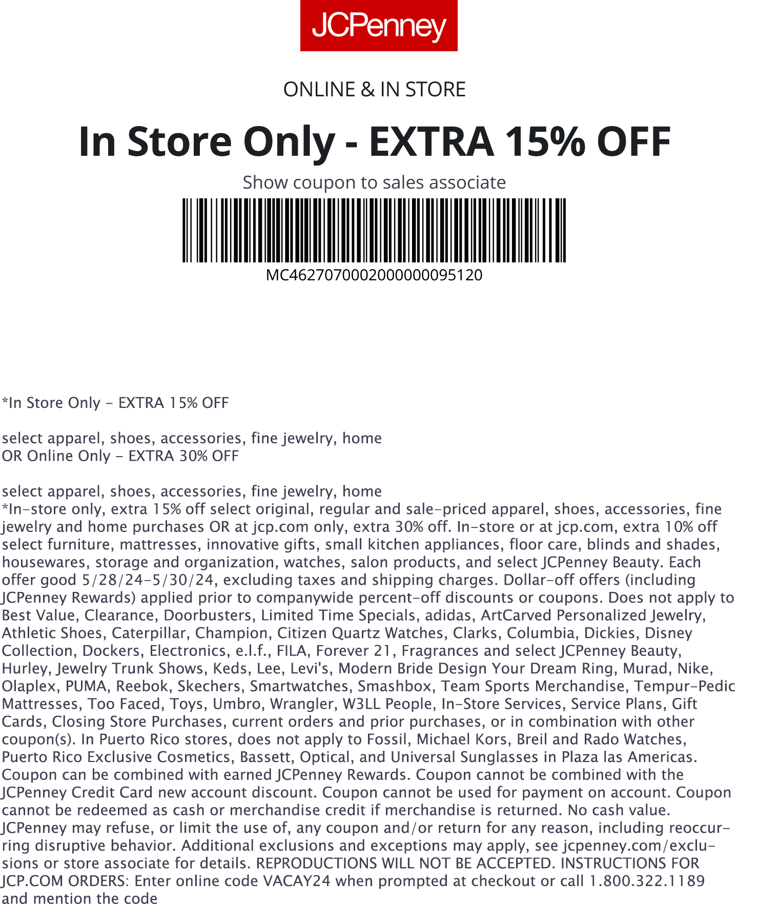 JCPenney stores Coupon  15% off today at JCPenney, or online via promo code VACAY24 #jcpenney 