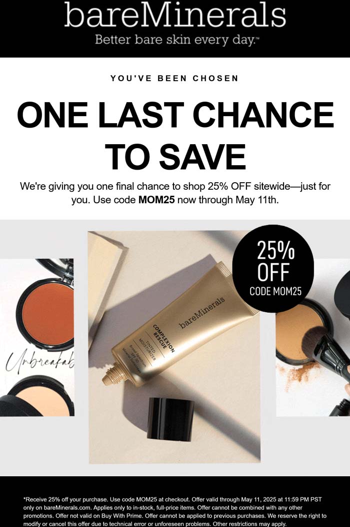 bareMinerals stores Coupon  25% off everything online at bareMinerals via promo code MOM25 #bareminerals 