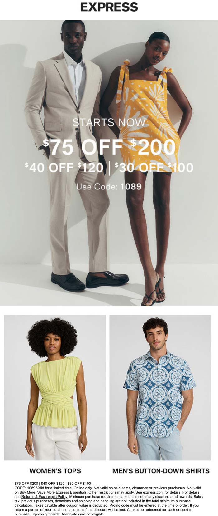 Express stores Coupon  $30-$75 off $100+ at Express via promo code 1089 #express 