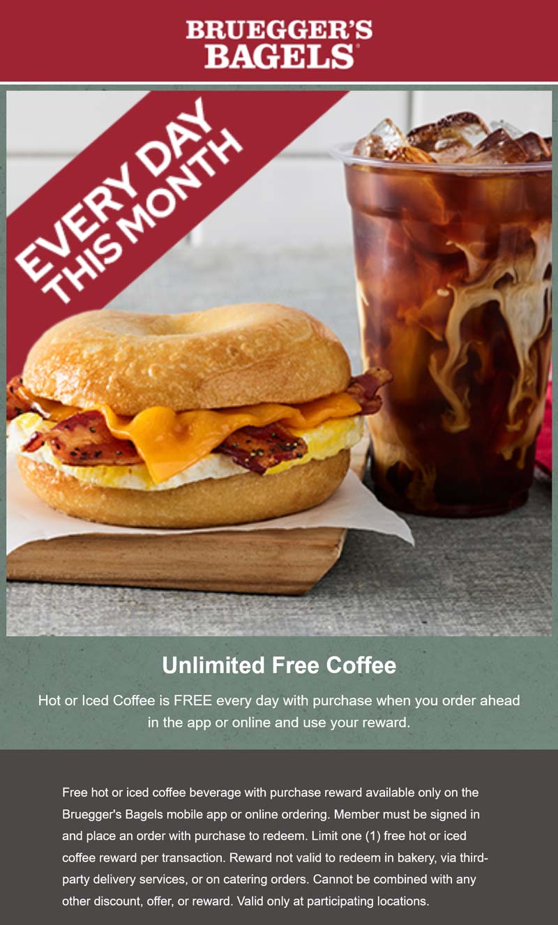 Brueggers Bagels restaurants Coupon  Free coffee daily all month with your online order at Brueggers Bagels #brueggersbagels 