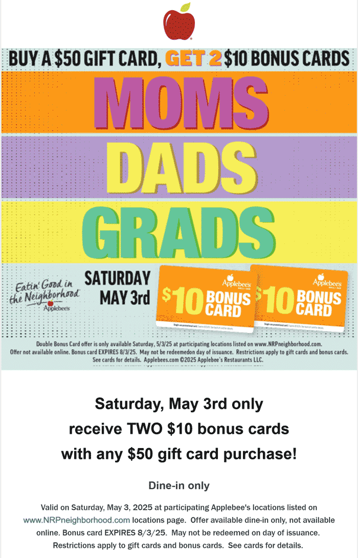 Applebees restaurants Coupon  $20 card free on $50 card at Applebees restaurants #applebees 