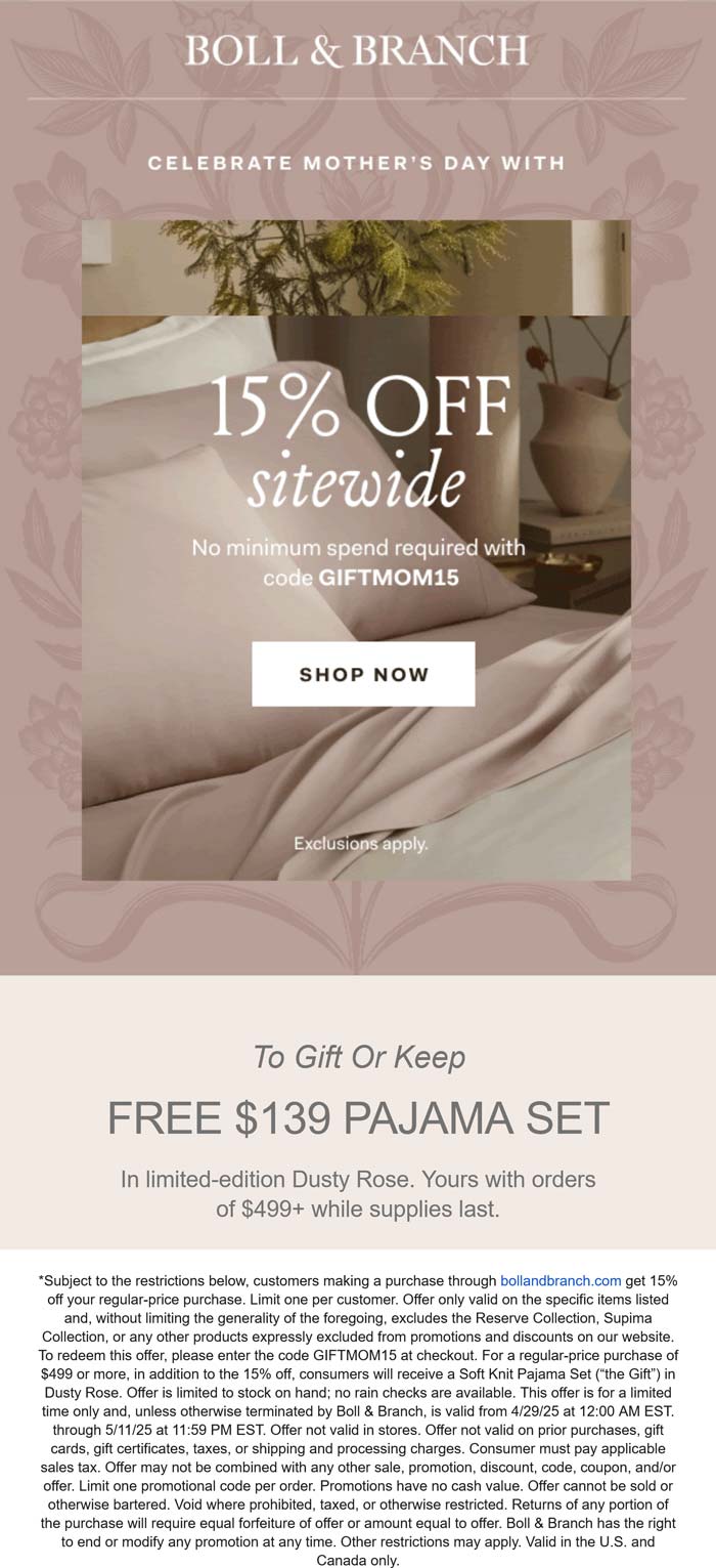 Boll & Branch stores Coupon  15% off everything at Boll & Branch via promo code GIFTMOM15 #bollbranch 