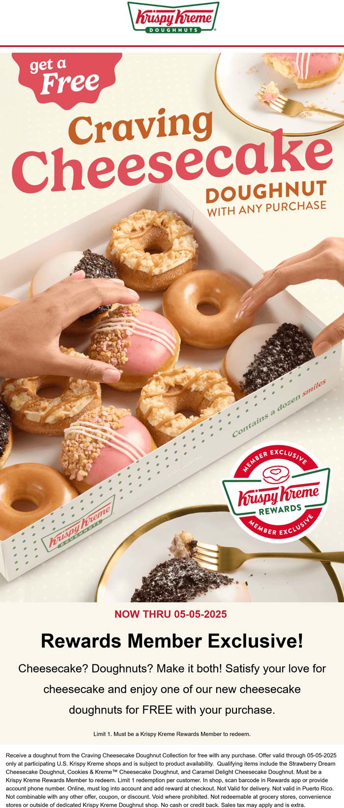 Krispy Kreme restaurants Coupon  Free cheesecake doughnut with your order at Krispy Kreme #krispykreme 
