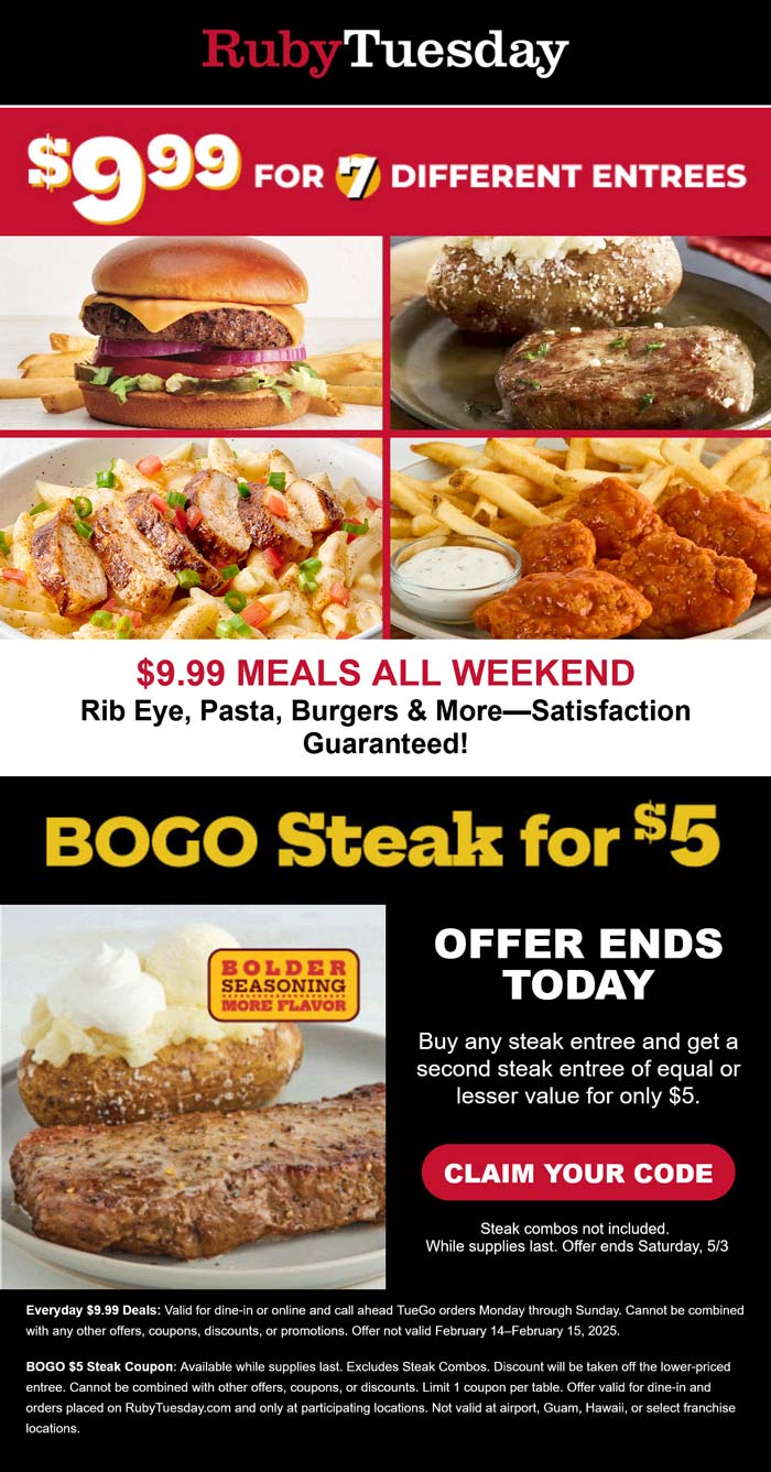 Ruby Tuesday restaurants Coupon  $10 entrees & second steak $5 at Ruby Tuesday #rubytuesday 