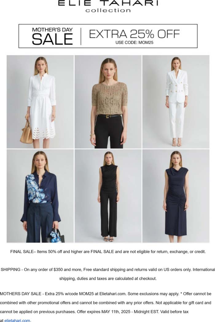 Elie Tahari stores Coupon  Extra 25% off at Elie Tahari via promo code MOM25 #elietahari 