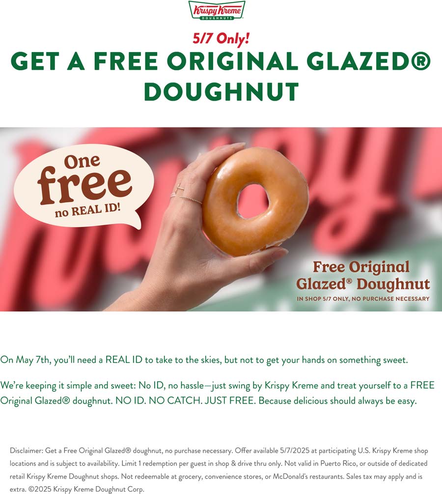 Krispy Kreme restaurants Coupon  Free glazed doughnut Weds at Krispy Kreme, no purchase necessary #krispykreme 