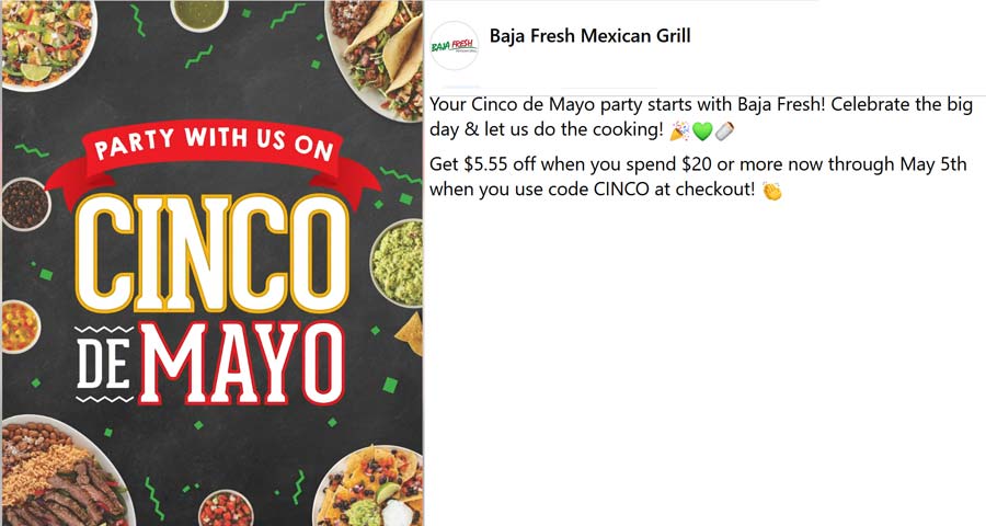Baja Fresh stores Coupon  $5.55 off $20 today at Baja Fresh via promo code CINCO #bajafresh 