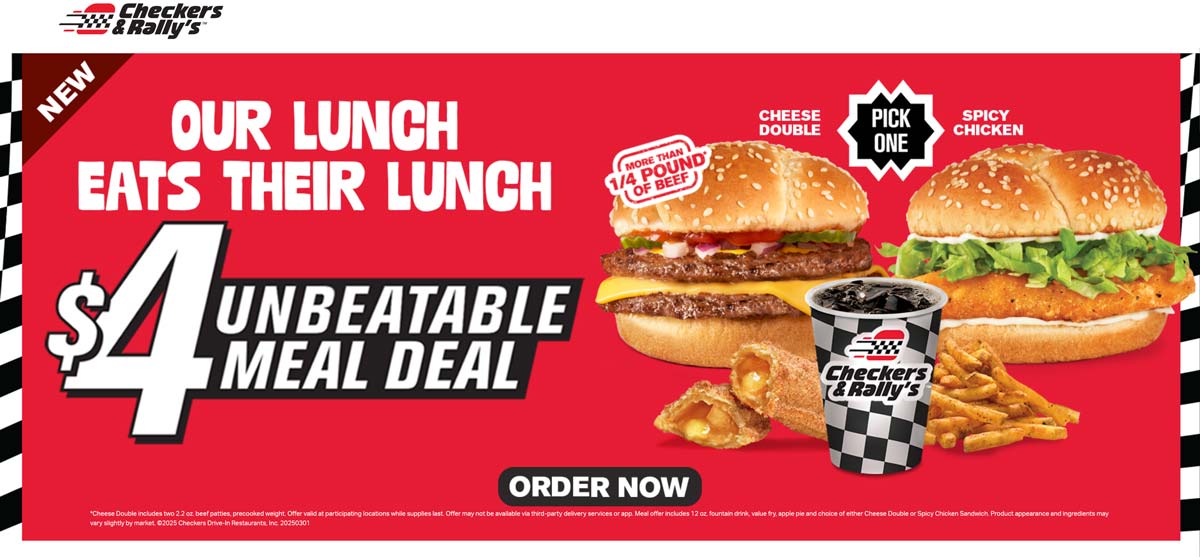 Checkers restaurants Coupon  Double cheeseburger + fries + apple pie + drink = $4 at Checkers and Rallys #checkers 