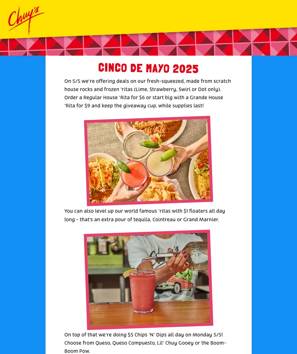 Chuys restaurants Coupon  $5 chips n dips today at Chuys restaurants #chuys 